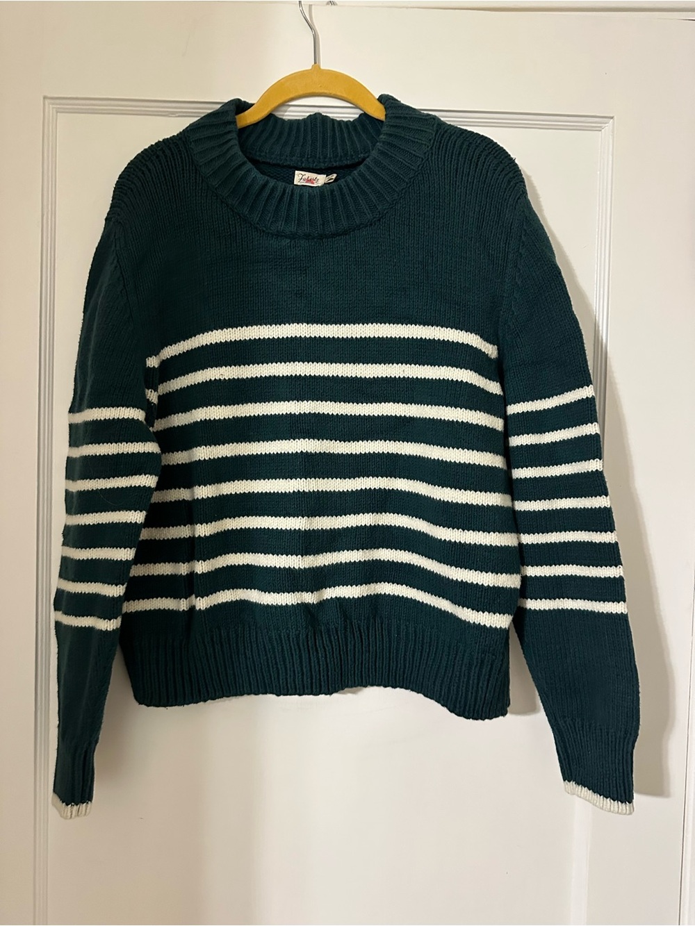 Faherty Cotton Dark Green and White Striped Crewneck Sweater XL